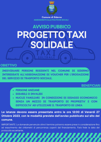 Avviso Pubblico "Progetto Taxi Solidale" a favore di persone residenti nel Comune di Siderno interessate all'assegnazione di Voucher per l'erogazione del Servizio Di Trasporto Sociale (Scadenza 27 Ottobre)