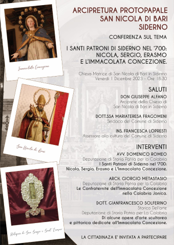Oggi a Siderno Superiore conferenza sul tema "I Santi Patroni di Siderno nel ‘700: Nicola, Sergio, Erasmo e l’Immacolata Concezione"