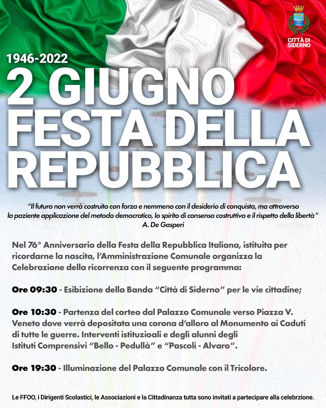 Siderno. Il 2 Giugno si celebra Festa della Repubblica