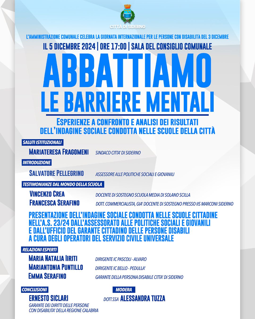 "Abbattiamo le barriere mentali", giovedì 5 il convegno per la Giornata Internazionale della Persona con disabilità