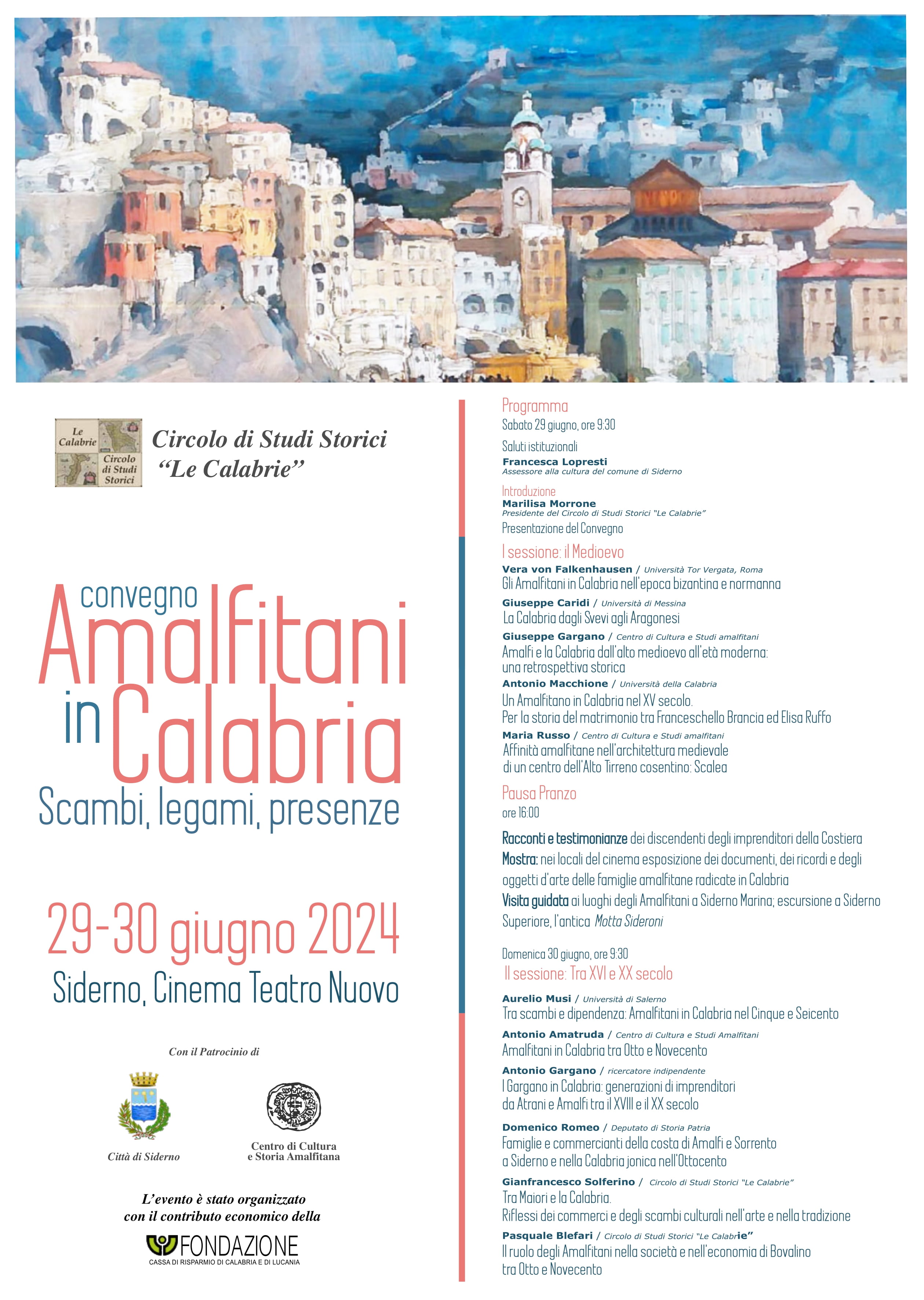 Sabato 29 e domenica 30 il convegno "Amalfitani in Calabria. Scambi, legami, presenze"